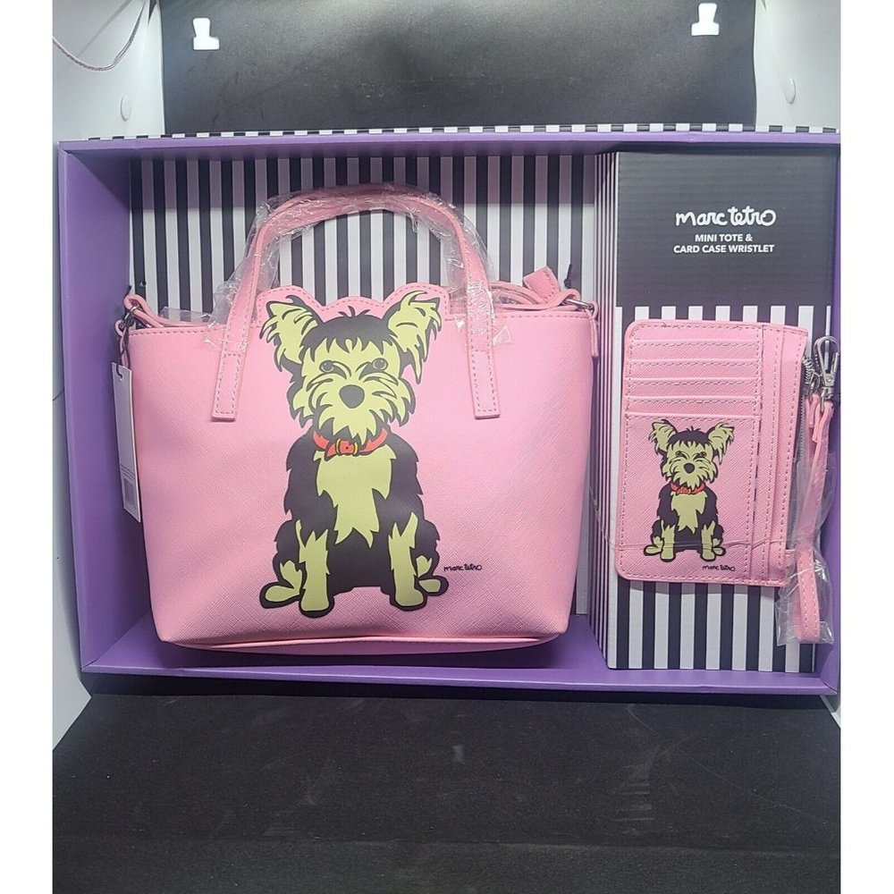 Marc Tetro Yorkie Pink Mini Tote And Card Case Wristlet NEW in Box With Tag
